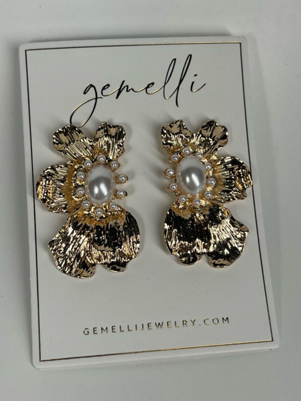 Gemelli Gold Floral Pearl Stud Earrings